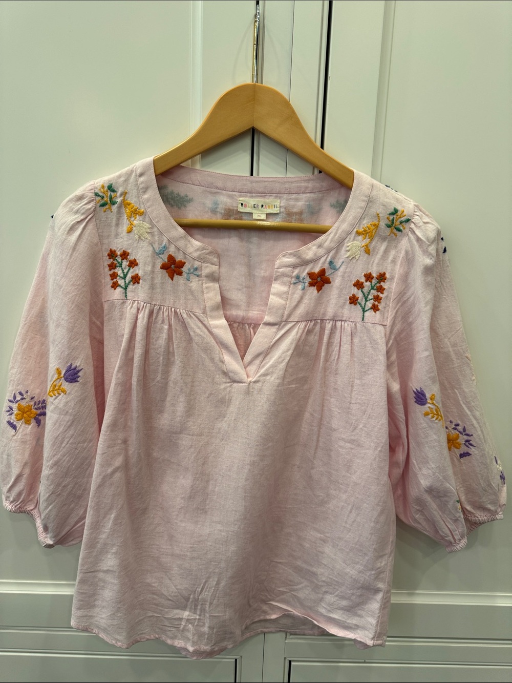 Roller Rabbit Pastel Pink Floral-Embroidered Peasant Top